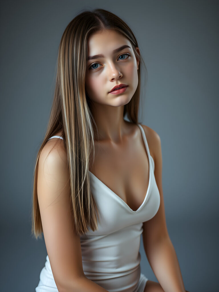 (upper body shot, seated) a young adult girl with straight, silky brown hair with white highlights, same length right and left, the hair falls elegant over her body, in a photo studio, her gentle expression conveying innocence. She is dressed in a white, tight-fitting camisole deep v-neck, that accentuates her perfect feminine body and that contrasts beautifully with the grey backdrop. Soft, diffused lighting highlights her features, creating a serene and timeless atmosphere. The studio's minimalist background ensures that the focus remains on her, enhancing the image's purity and tranquility