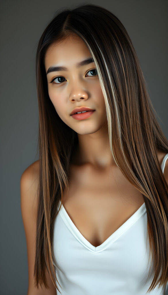 (upper body shot, seated) a young adult girl with straight, silky brown hair with white highlights, same length right and left, the hair falls elegant over her body, in a photo studio, her gentle expression conveying innocence. She is dressed in a white, tight-fitting camisole deep v-neck, that accentuates her perfect feminine body and that contrasts beautifully with the grey backdrop. Soft, diffused lighting highlights her features, creating a serene and timeless atmosphere. The studio's minimalist background ensures that the focus remains on her, enhancing the image's purity and tranquility