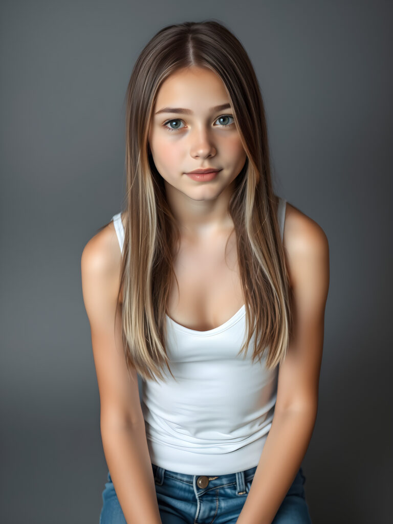 (upper body shot, seated) a young adult girl with straight, silky brown hair with white highlights, same length right and left, the hair falls elegant over her body, in a photo studio, her gentle expression conveying innocence. She is dressed in a white, tight-fitting camisole deep v-neck and wide open front that accentuates her perfect feminine body and that contrasts beautifully with the grey backdrop. She wears blue jeans pants. Soft, diffused lighting highlights her features, creating a serene and timeless atmosphere. The studio's minimalist background ensures that the focus remains on her, enhancing the image's purity and tranquility, view from above