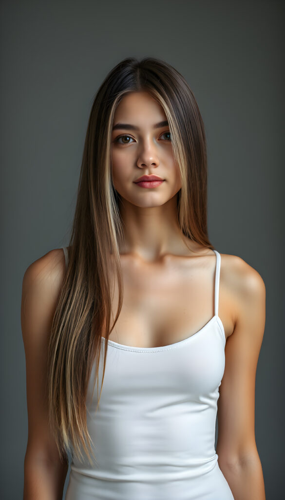 (upper body shot) a young adult well busty girl with straight, silky brown hair with white highlights, same length right and left, the hair falls elegant over her body, in a photo studio, her gentle expression conveying innocence. She is dressed in a white, tight-fitting camisole, deep neck that accentuates her perfect feminine body and that contrasts beautifully with the grey backdrop. Soft, diffused lighting highlights her features, creating a serene and timeless atmosphere. The studio's minimalist background ensures that the focus remains on her, enhancing the image's purity and tranquility
