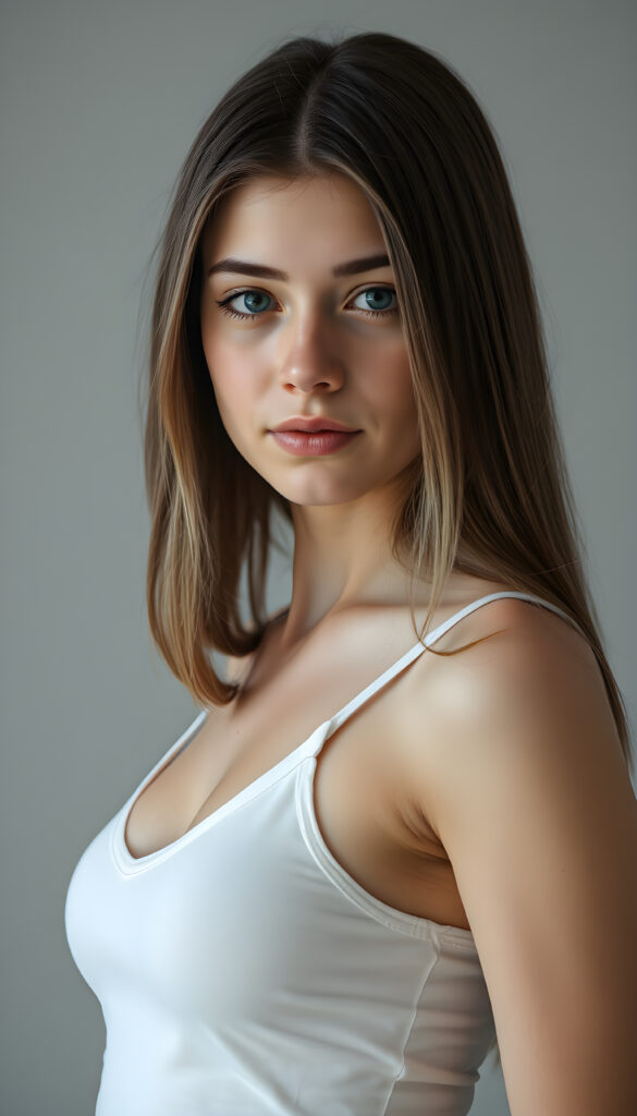 (upper body shot) a young adult well busty girl with straight, silky brown hair with white highlights, same length right and left, the hair falls elegant over her body, in a photo studio, her gentle expression conveying innocence. She is dressed in a white, tight-fitting camisole, deep neck that accentuates her perfect feminine body and that contrasts beautifully with the grey backdrop. Soft, diffused lighting highlights her features, creating a serene and timeless atmosphere. The studio's minimalist background ensures that the focus remains on her, enhancing the image's purity and tranquility