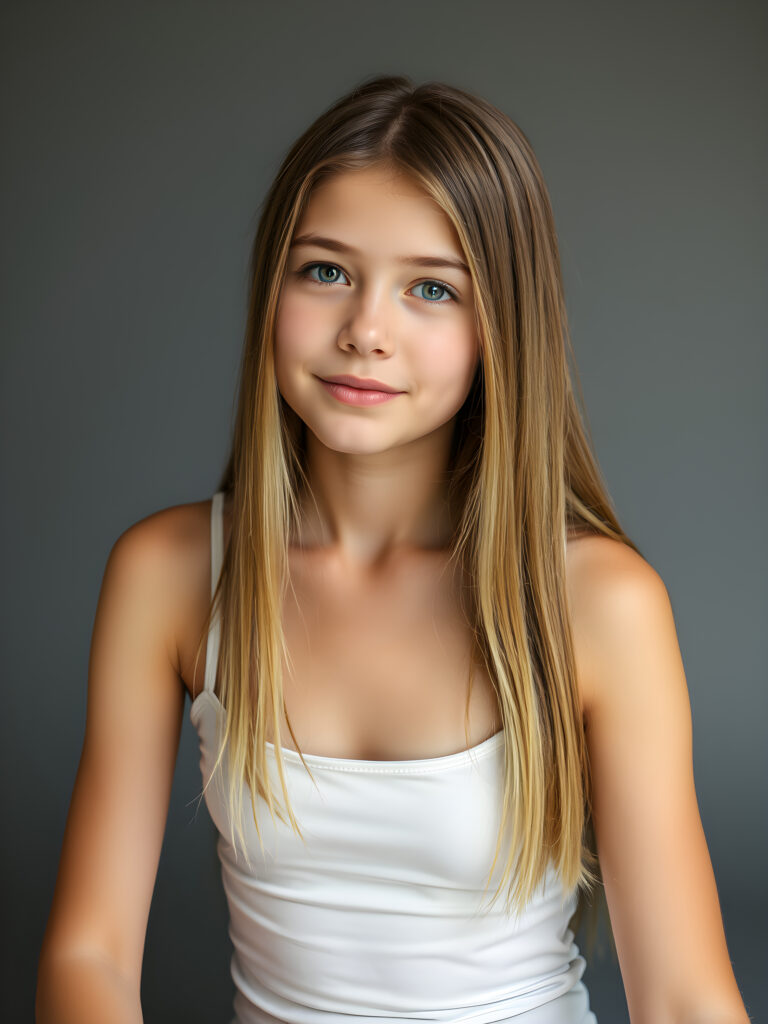 (upper body shot, seated) a young adult girl with straight, silky golden hair in a photo studio, her gentle expression conveying innocence. She is dressed in a white, tight-fitting camisole that accentuates her perfect feminine body and that contrasts beautifully with the grey backdrop. Soft, diffused lighting highlights her features, creating a serene and timeless atmosphere. The studio's minimalist background ensures that the focus remains on her, enhancing the image's purity and tranquility