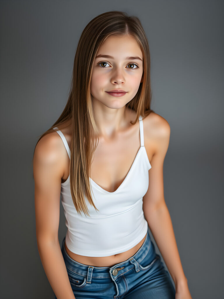 (upper body shot, seated) a young adult girl with straight, silky brown hair with white highlights, same length right and left, the hair falls elegant over her body, in a photo studio, her gentle expression conveying innocence. She is dressed in a white, tight-fitting camisole deep v-neck and wide open front that accentuates her perfect feminine body and that contrasts beautifully with the grey backdrop. She wears blue jeans pants. Soft, diffused lighting highlights her features, creating a serene and timeless atmosphere. The studio's minimalist background ensures that the focus remains on her, enhancing the image's purity and tranquility, view from above