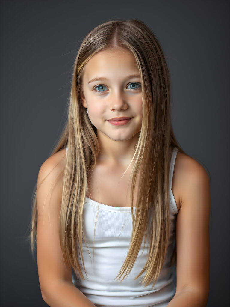 (upper body shot, seated) a young adult girl with straight, silky golden hair in a photo studio, her gentle expression conveying innocence. She is dressed in a white, tight-fitting camisole that accentuates her perfect feminine body and that contrasts beautifully with the grey backdrop. Soft, diffused lighting highlights her features, creating a serene and timeless atmosphere. The studio's minimalist background ensures that the focus remains on her, enhancing the image's purity and tranquility