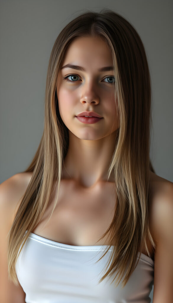 (upper body shot) a young adult well busty girl with straight, silky brown hair with white highlights, same length right and left, the hair falls elegant over her body, in a photo studio, her gentle expression conveying innocence. She is dressed in a white, tight-fitting camisole, deep neck that accentuates her perfect feminine body and that contrasts beautifully with the grey backdrop. Soft, diffused lighting highlights her features, creating a serene and timeless atmosphere. The studio's minimalist background ensures that the focus remains on her, enhancing the image's purity and tranquility