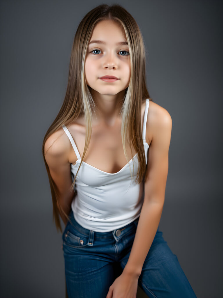 (upper body shot, seated) a young adult girl with straight, silky brown hair with white highlights, same length right and left, the hair falls elegant over her body, in a photo studio, her gentle expression conveying innocence. She is dressed in a white, tight-fitting camisole deep v-neck and wide open front that accentuates her perfect feminine body and that contrasts beautifully with the grey backdrop. She wears blue jeans pants. Soft, diffused lighting highlights her features, creating a serene and timeless atmosphere. The studio's minimalist background ensures that the focus remains on her, enhancing the image's purity and tranquility, view from above