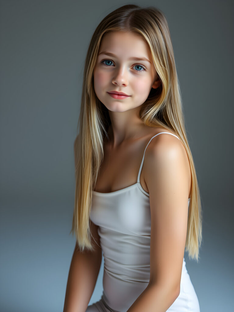(upper body shot, seated) a young adult girl with straight, silky golden hair in a photo studio, her gentle expression conveying innocence. She is dressed in a white, tight-fitting camisole that accentuates her perfect feminine body and that contrasts beautifully with the grey backdrop. Soft, diffused lighting highlights her features, creating a serene and timeless atmosphere. The studio's minimalist background ensures that the focus remains on her, enhancing the image's purity and tranquility