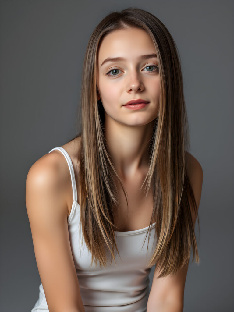 (upper body shot, seated) a young adult girl with straight, silky brown hair with white highlights, same length right and left, the hair falls elegant over her body, in a photo studio, her gentle expression conveying innocence. She is dressed in a white, tight-fitting camisole that accentuates her perfect feminine body and that contrasts beautifully with the grey backdrop. Soft, diffused lighting highlights her features, creating a serene and timeless atmosphere. The studio's minimalist background ensures that the focus remains on her, enhancing the image's purity and tranquility