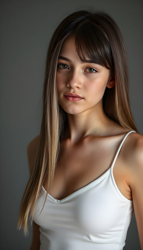 (upper body shot) a young adult well busty girl with straight, silky brown hair with white highlights, same length right and left, the hair falls elegant over her body, in a photo studio, her gentle expression conveying innocence. She is dressed in a white, tight-fitting camisole, deep neck that accentuates her perfect feminine body and that contrasts beautifully with the grey backdrop. Soft, diffused lighting highlights her features, creating a serene and timeless atmosphere. The studio's minimalist background ensures that the focus remains on her, enhancing the image's purity and tranquility
