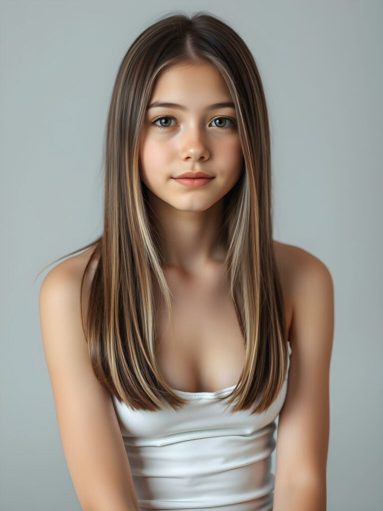 (upper body shot, seated) a young adult girl with straight, silky brown hair with white highlights, same length right and left, the hair falls elegant over her body, in a photo studio, her gentle expression conveying innocence. She is dressed in a white, tight-fitting camisole that accentuates her perfect feminine body and that contrasts beautifully with the grey backdrop. Soft, diffused lighting highlights her features, creating a serene and timeless atmosphere. The studio's minimalist background ensures that the focus remains on her, enhancing the image's purity and tranquility