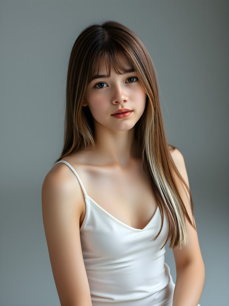 (upper body shot, seated) a young adult girl with straight, silky brown hair with white highlights, same length right and left, the hair falls elegant over her body, in a photo studio, her gentle expression conveying innocence. She is dressed in a white, tight-fitting camisole deep v-neck, that accentuates her perfect feminine body and that contrasts beautifully with the grey backdrop. Soft, diffused lighting highlights her features, creating a serene and timeless atmosphere. The studio's minimalist background ensures that the focus remains on her, enhancing the image's purity and tranquility