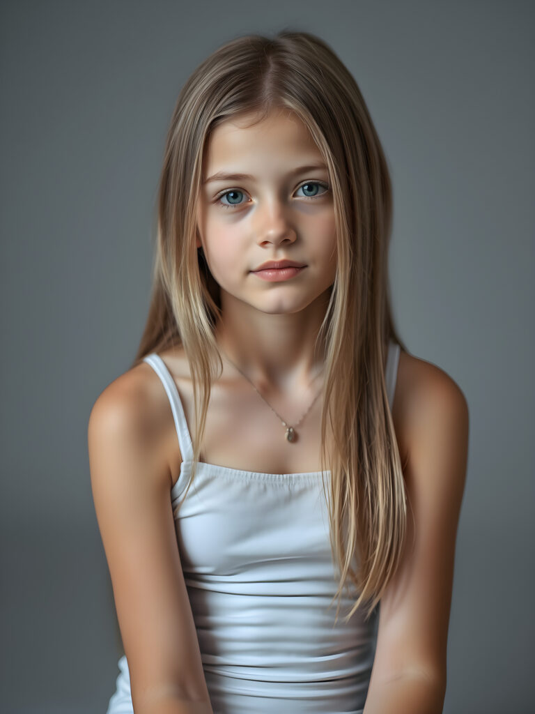 (upper body shot, seated) a young adult girl with straight, silky golden hair in a photo studio, her gentle expression conveying innocence. She is dressed in a white, tight-fitting camisole that accentuates her perfect feminine body and that contrasts beautifully with the grey backdrop. Soft, diffused lighting highlights her features, creating a serene and timeless atmosphere. The studio's minimalist background ensures that the focus remains on her, enhancing the image's purity and tranquility