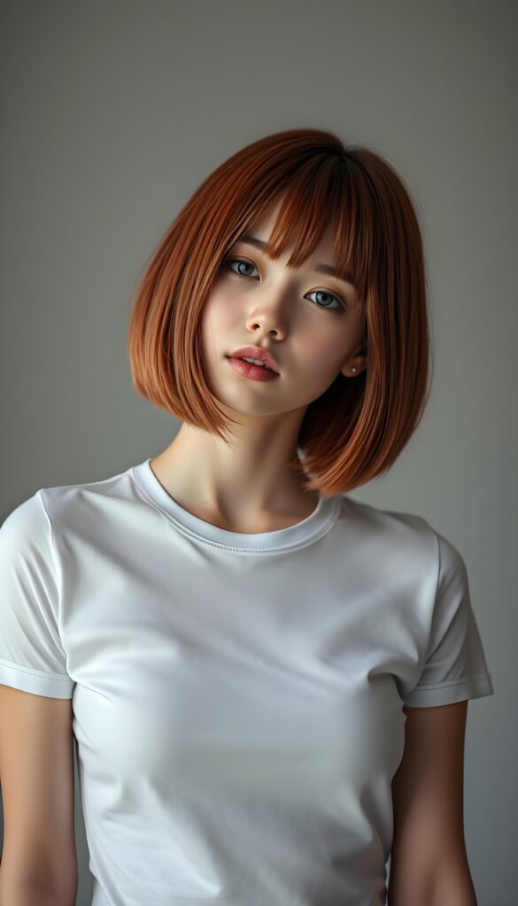 upper body shot from a super cute adult girl, straight red hair in a bob cut, flawless skin, perfect curved female body, plain white t-shirt support her body, looks very seductive to the viewer. Empty light grey studio backdrop.