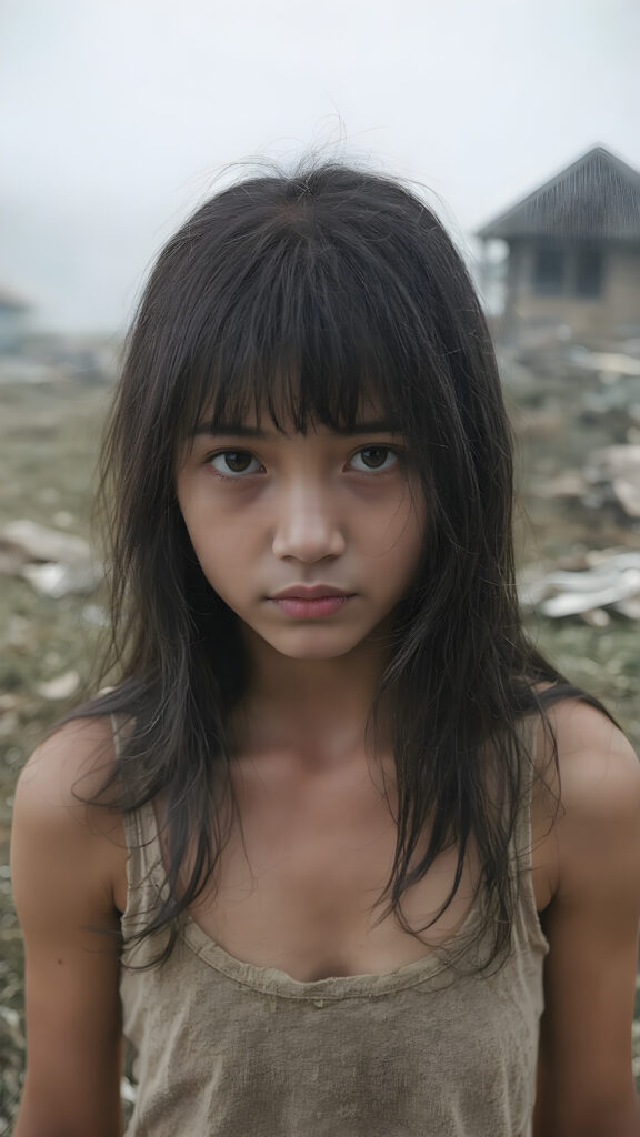 upper body shot, a young abandoned, sad, lonely, poor Asian teen girl looks sadly at the viewer. She has long black messy straight hair, bangs, she is hopeless. She is poor and scantily tattered dressed in a short cropped tank top. Stands alone in a field. She cries. She has a dirty face. It’s raining lightly. She is skinny. There are destroyed houses in the background, ((realistic, detailed photo))