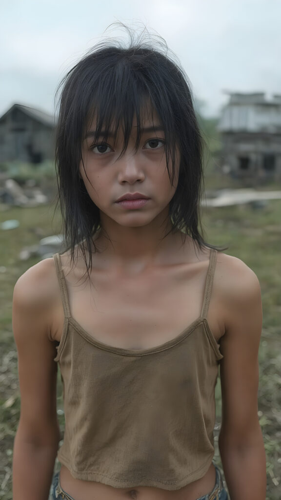 upper body shot, a young abandoned, sad, lonely, poor Asian teen girl looks sadly at the viewer. She has long black messy straight hair, bangs, she is hopeless. She is poor and scantily tattered dressed in a short cropped tank top. Stands alone in a field. She cries. She has a dirty face. It’s raining lightly. She is skinny. There are destroyed houses in the background, ((realistic, detailed photo))