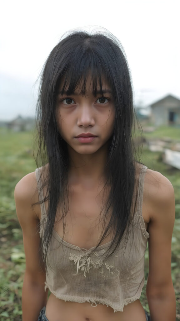 upper body shot, a young abandoned, sad, lonely, poor Asian teen girl looks sadly at the viewer. She has long black messy straight hair, bangs, she is hopeless. She is poor and scantily tattered dressed in a short cropped tank top. Stands alone in a field. She cries. She has a dirty face. It’s raining lightly. She is skinny. There are destroyed houses in the background, ((realistic, detailed photo))