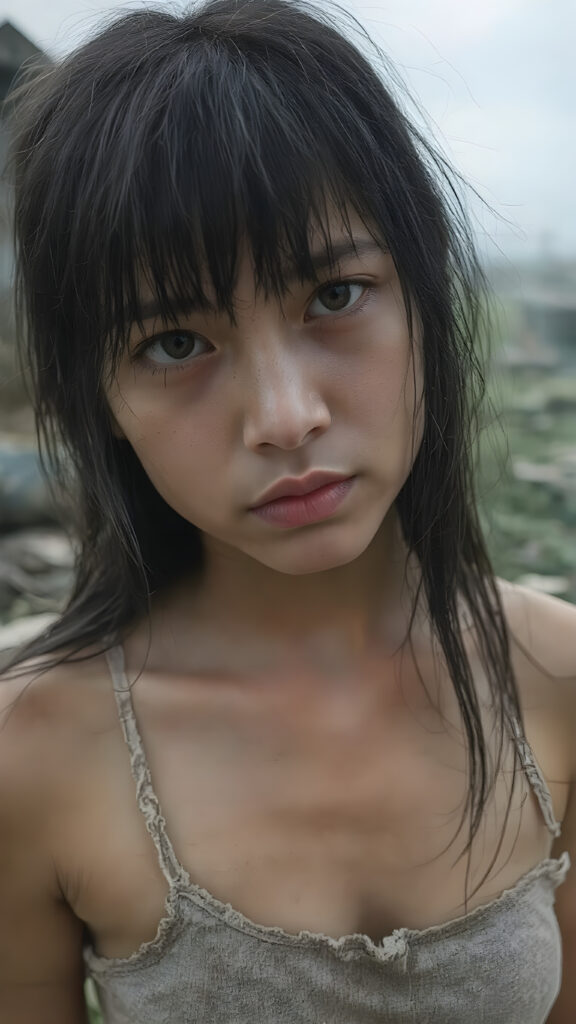 upper body shot, a young abandoned, sad, lonely, poor Asian teen girl looks sadly at the viewer. She has long black messy straight hair, bangs, she is hopeless. She is poor and scantily tattered dressed in a short cropped tank top. Stands alone in a field. She cries. She has a dirty face. It’s raining lightly. She is skinny. There are destroyed houses in the background, ((realistic, detailed photo))