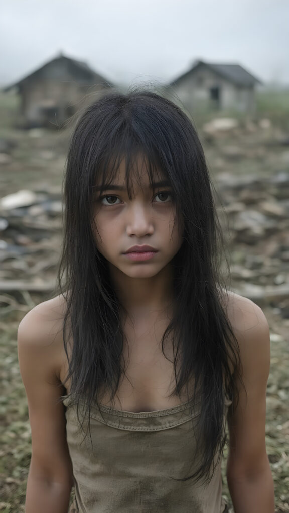 upper body shot, a young abandoned, sad, lonely, poor Asian teen girl looks sadly at the viewer. She has long black messy straight hair, bangs, she is hopeless. She is poor and scantily tattered dressed in a short cropped tank top. Stands alone in a field. She cries. She has a dirty face. It’s raining lightly. She is skinny. There are destroyed houses in the background, ((realistic, detailed photo))