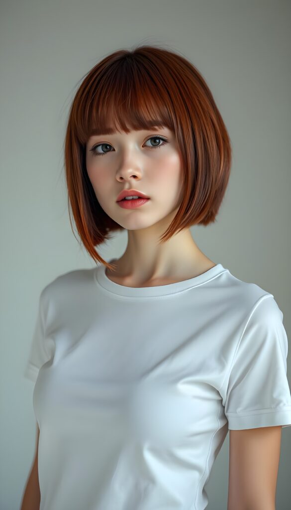 upper body shot from a super cute adult girl, straight red hair in a bob cut, flawless skin, perfect curved female body, plain white t-shirt support her body, looks very seductive to the viewer. Empty light grey studio backdrop.