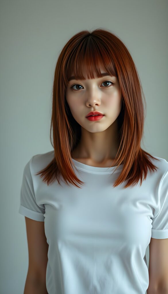 upper body shot from a super cute adult girl, straight red hair in a bob cut, flawless skin, perfect curved female body, plain white t-shirt support her body, looks very seductive to the viewer. Empty light grey studio backdrop.