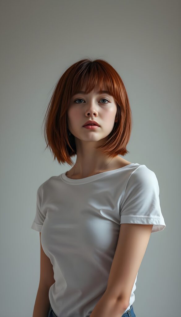 upper body shot from a super cute adult girl, straight red hair in a bob cut, flawless skin, perfect curved female body, plain white t-shirt support her body, looks very seductive to the viewer. Empty light grey studio backdrop.