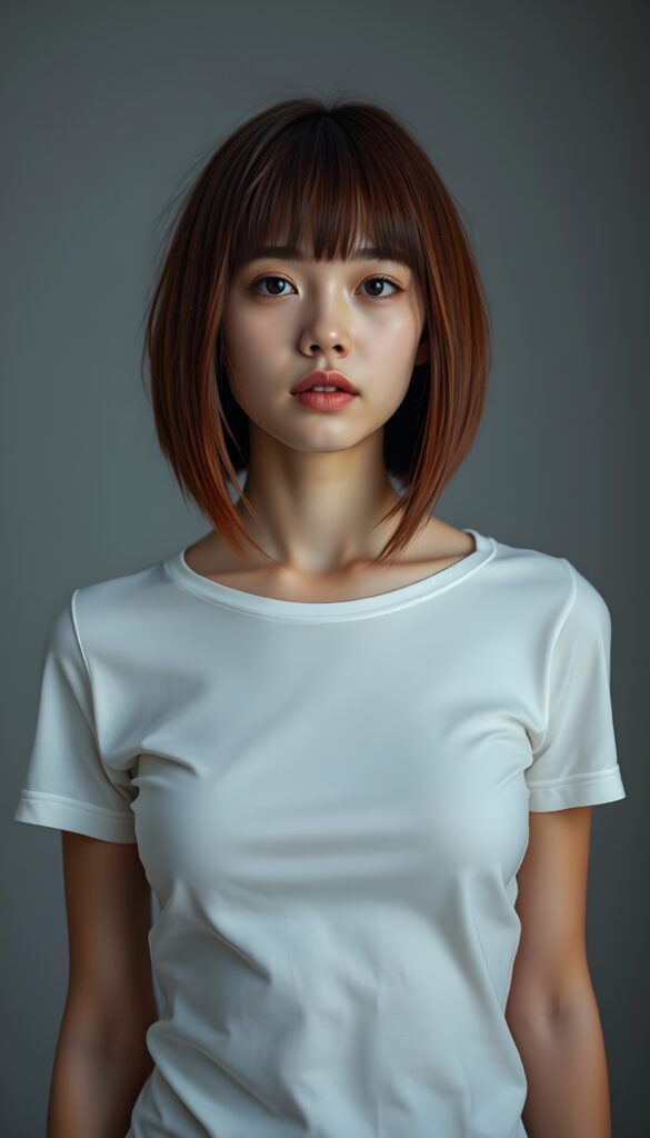 upper body shot from a super cute adult girl, straight red hair in a bob cut, flawless skin, perfect curved female body, plain white t-shirt support her body, looks very seductive to the viewer. Empty light grey studio backdrop.