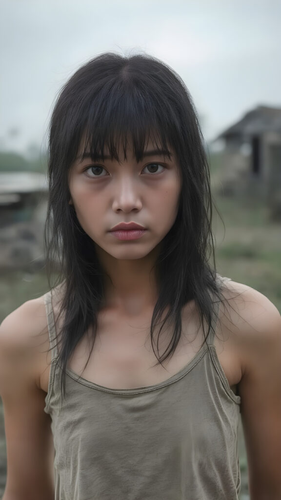 upper body shot, a young abandoned, sad, lonely, poor Asian teen girl looks sadly at the viewer. She has long black messy straight hair, bangs, she is hopeless. She is poor and scantily tattered dressed in a short cropped tank top. Stands alone in a field. She cries. She has a dirty face. It’s raining lightly. She is skinny. There are destroyed houses in the background, ((realistic, detailed photo))