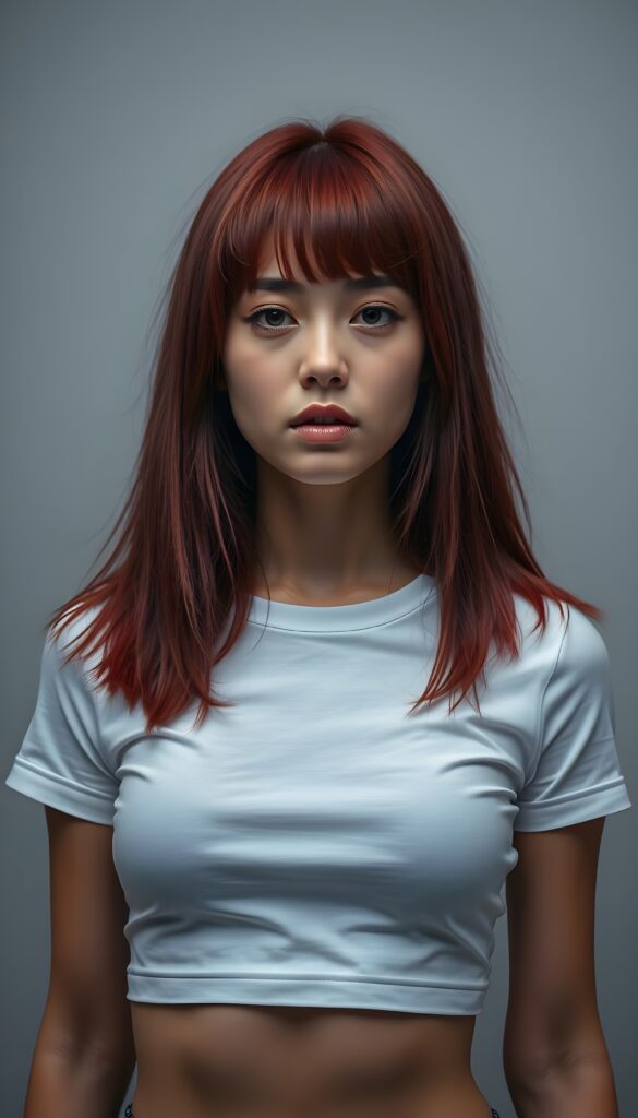 upper body shot from a super cute adult girl, straight red hair in a bob cut, flawless skin, perfect curved female body, plain white t-shirt support her body, looks very seductive to the viewer. Empty light grey studio backdrop.