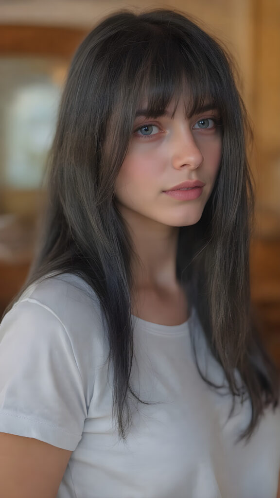 view from side, she looking sideways over her shoulders: ((full body view)) of (((cute))) (((elegant))) ((attractive)) (((long, straight dark blue and black hair))) ((stunning)) a beautifully realistic, cinematic lights, well busty tanned teen girl, bangs haircut, detailed soft hair, realistic detailed angelic face, wears a white t-shirt, ((realistic detailed brown eye)) looks at the camera, perfect curved, super short jeans pants, perfect anatomy, (((perfect anatomy))), (((side perspective))), ((full color)))