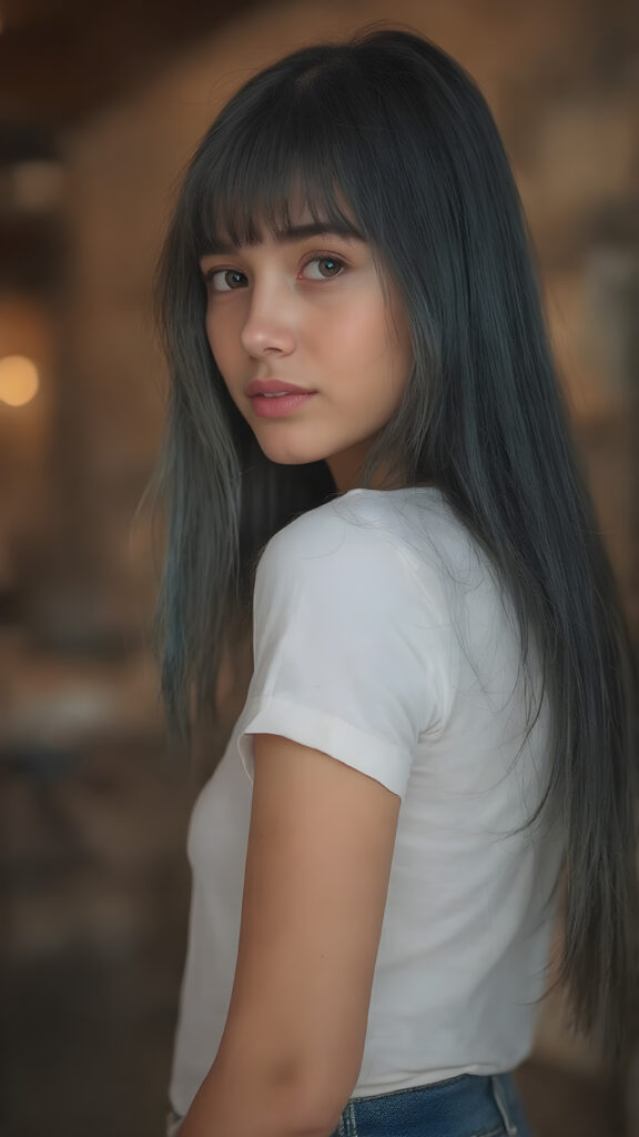 view from side, she looking sideways over her shoulders: ((full body view)) of (((cute))) (((elegant))) ((attractive)) (((long, straight dark blue and black hair))) ((stunning)) a beautifully realistic, cinematic lights, well busty tanned teen girl, bangs haircut, detailed soft hair, realistic detailed angelic face, wears a white t-shirt, ((realistic detailed brown eye)) looks at the camera, perfect curved, super short jeans pants, perfect anatomy, (((perfect anatomy))), (((side perspective))), ((full color)))
