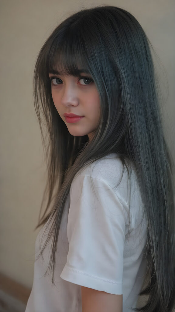 view from side, she looking sideways over her shoulders: ((full body view)) of (((cute))) (((elegant))) ((attractive)) (((long, straight dark blue and black hair))) ((stunning)) a beautifully realistic, cinematic lights, well busty tanned teen girl, bangs haircut, detailed soft hair, realistic detailed angelic face, wears a white t-shirt, ((realistic detailed brown eye)) looks at the camera, perfect curved, super short jeans pants, perfect anatomy, (((perfect anatomy))), (((side perspective))), ((full color)))