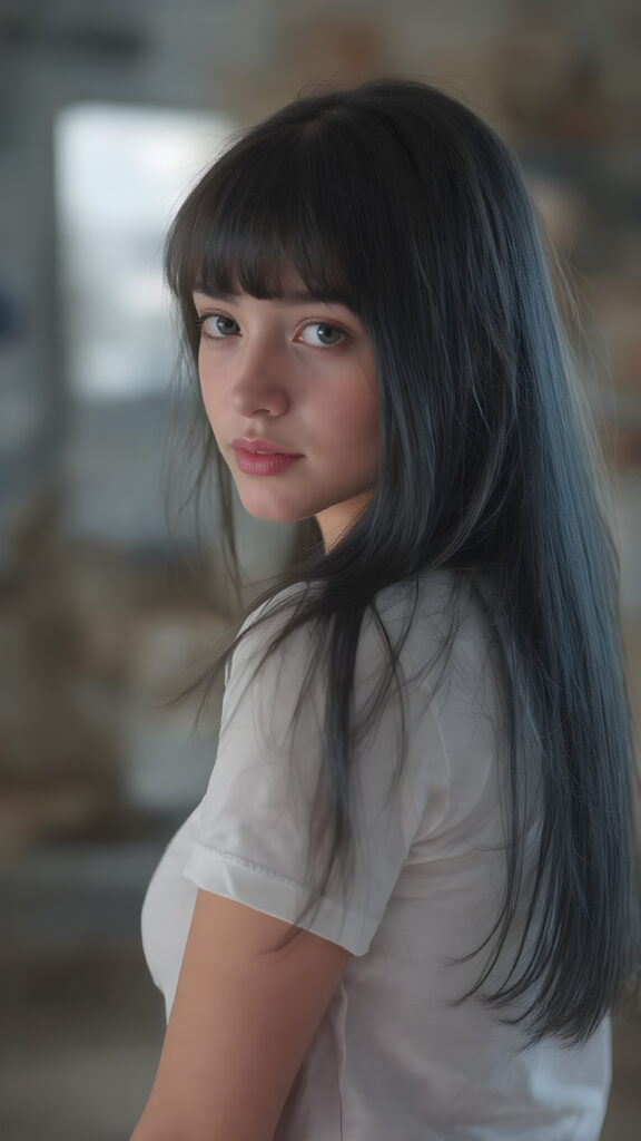 view from side, she looking sideways over her shoulders: ((full body view)) of (((cute))) (((elegant))) ((attractive)) (((long, straight dark blue and black hair))) ((stunning)) a beautifully realistic, cinematic lights, well busty tanned teen girl, bangs haircut, detailed soft hair, realistic detailed angelic face, wears a white t-shirt, ((realistic detailed brown eye)) looks at the camera, perfect curved, super short jeans pants, perfect anatomy, (((perfect anatomy))), (((side perspective))), ((full color)))