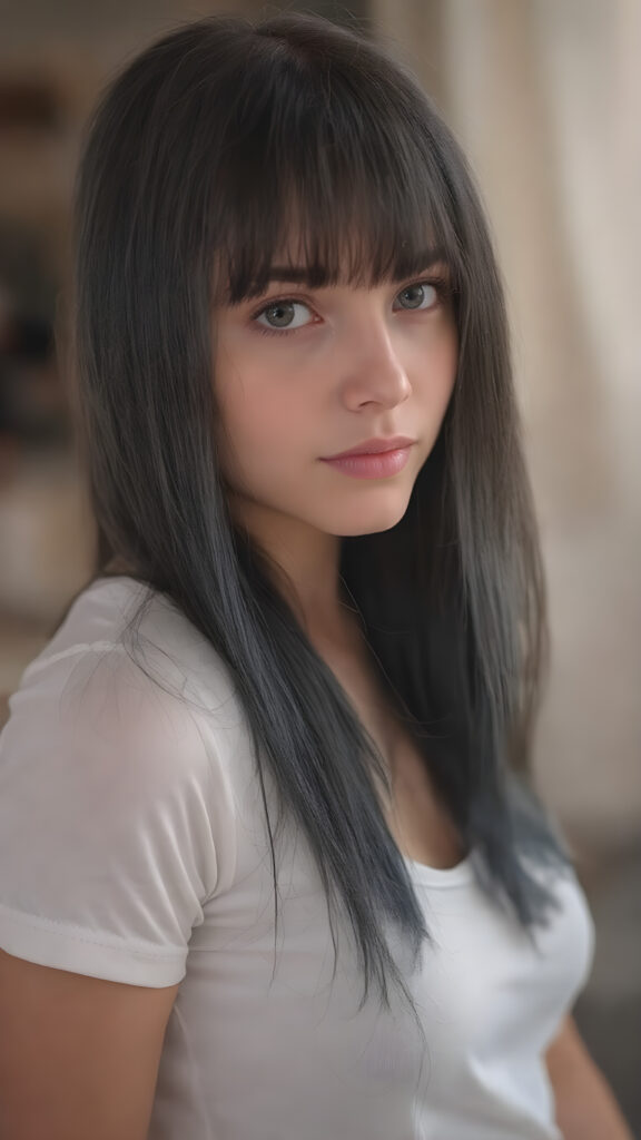 view from side, she looking sideways over her shoulders: ((full body view)) of (((cute))) (((elegant))) ((attractive)) (((long, straight dark blue and black hair))) ((stunning)) a beautifully realistic, cinematic lights, well busty tanned teen girl, bangs haircut, detailed soft hair, realistic detailed angelic face, wears a white t-shirt, ((realistic detailed brown eye)) looks at the camera, perfect curved, super short jeans pants, perfect anatomy, (((perfect anatomy))), (((side perspective))), ((full color)))