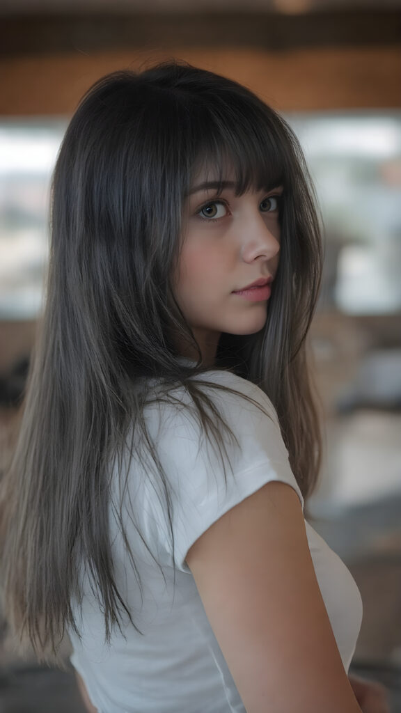 view from side, she looking sideways over her shoulders: ((full body view)) of (((cute))) (((elegant))) ((attractive)) (((long, straight dark blue and black hair))) ((stunning)) a beautifully realistic, cinematic lights, well busty tanned teen girl, bangs haircut, detailed soft hair, realistic detailed angelic face, wears a white t-shirt, ((realistic detailed brown eye)) looks at the camera, perfect curved, super short jeans pants, perfect anatomy, (((perfect anatomy))), (((side perspective))), ((full color)))