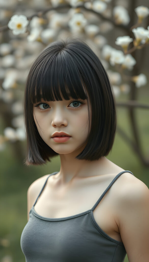 (((visualize a 3d picture))) of a (((cute teen girl))) with a ((((shoulder-length soft obsidian black straight hair)))), which perfectly styled and framed her face in (((side-swept bangs))), and ((piercing eyes)), accompanied by a sleek (((cropped tank top))). The scene is cropped from a (full-body view) to a (close-up of the girl), emphasizing her intricate details and expressing a sense of empathy and loneliness in the (((natural spring backdrop)))