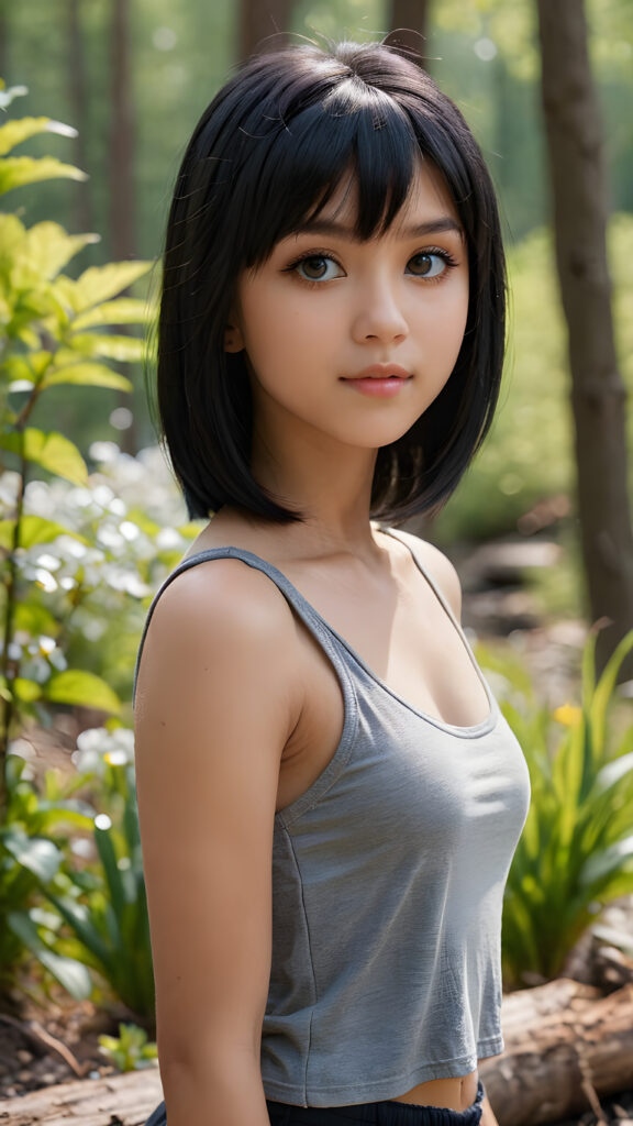 (((visualize a 3d picture))) of a (((cute teen girl))) with a ((((shoulder-length soft obsidian black straight hair)))), which perfectly styled and framed her face in (((side-swept bangs))), and ((piercing eyes)), accompanied by a sleek (((cropped tank top))). The scene is cropped from a (full-body view) to a (close-up of the girl), emphasizing her intricate details and expressing a sense of empathy and loneliness in the (((natural spring backdrop)))