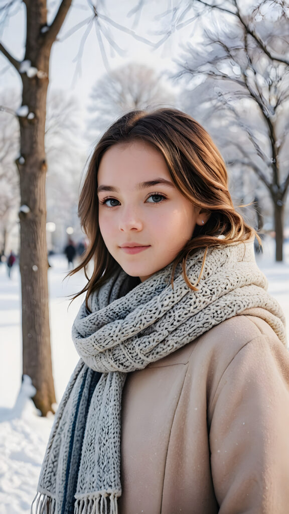 visualize a (((young teen girl))) dressed in a (wears a thick winter coat and a scarf), standing confidently against a (magnificent white backdrop) that suggests tranquility and serenity