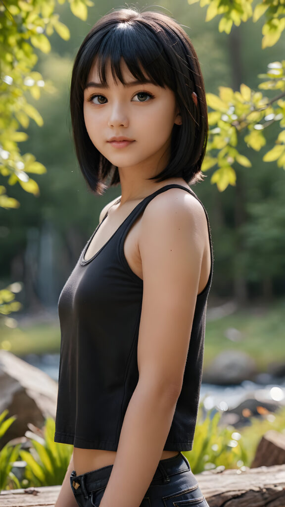 (((visualize a 3d picture))) of a (((cute teen girl))) with a ((((shoulder-length soft obsidian black straight hair)))), which perfectly styled and framed her face in (((side-swept bangs))), and ((piercing eyes)), accompanied by a sleek (((cropped tank top))). The scene is cropped from a (full-body view) to a (close-up of the girl), emphasizing her intricate details and expressing a sense of empathy and loneliness in the (((natural spring backdrop)))