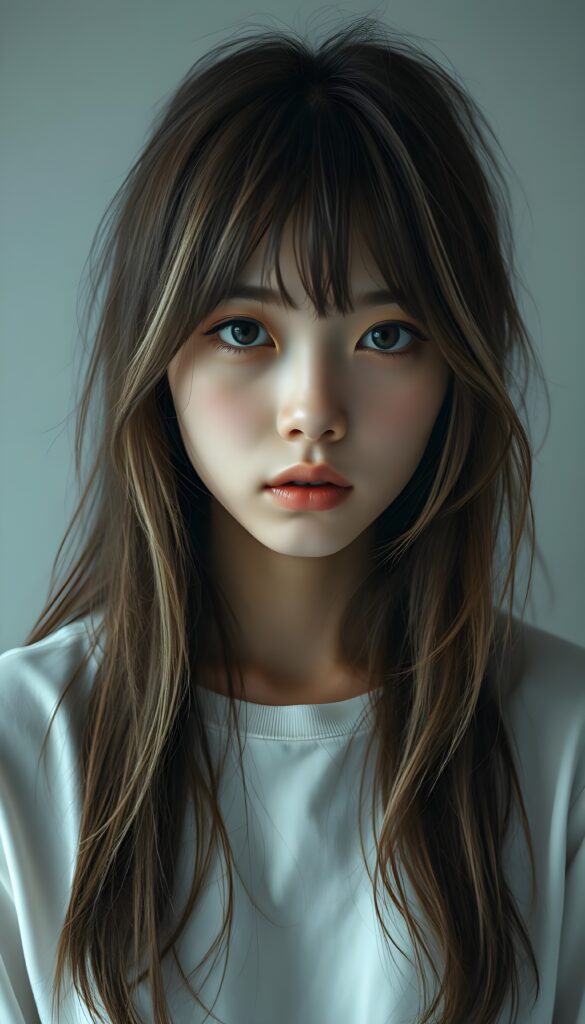 visualize a 3d picture: a (((detailed cute Japanese teen emo girl with long, soft brown straight open messy hair and light blond highlights, framing her face in side-swept bangs, brown eyes, exuding a sense of melancholy and loneliness, round face and full lips, ((wears only a plain white long t-shirt)) which perfectly shaped her body, against a (((simple, grey backdrop))). Seductive view.