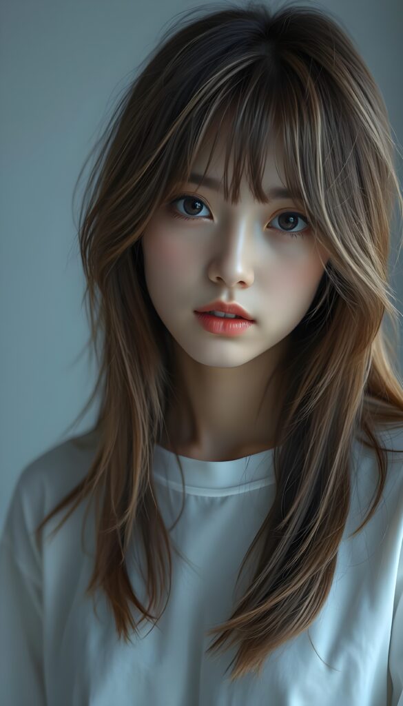 visualize a 3d picture: a (((detailed cute Japanese teen emo girl with long, soft brown straight open messy hair and light blond highlights, framing her face in side-swept bangs, brown eyes, exuding a sense of melancholy and loneliness, round face and full lips, ((wears only a plain white long t-shirt)) which perfectly shaped her body, against a (((simple, grey backdrop))). Seductive view.