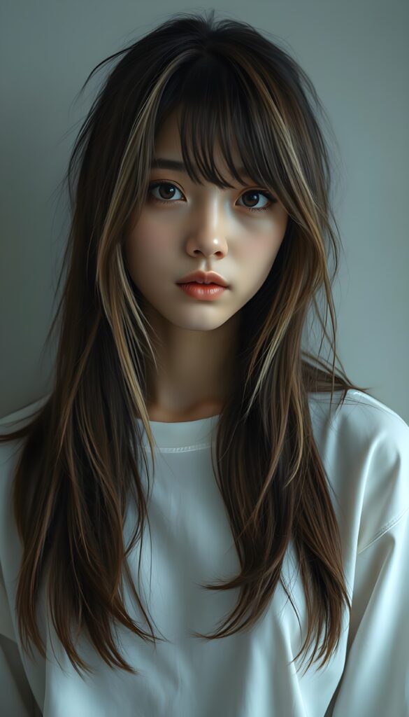 visualize a 3d picture: a (((detailed cute Japanese teen emo girl with long, soft brown straight open messy hair and light blond highlights, framing her face in side-swept bangs, brown eyes, exuding a sense of melancholy and loneliness, round face and full lips, ((wears only a plain white long t-shirt)) which perfectly shaped her body, against a (((simple, grey backdrop))). Seductive view.