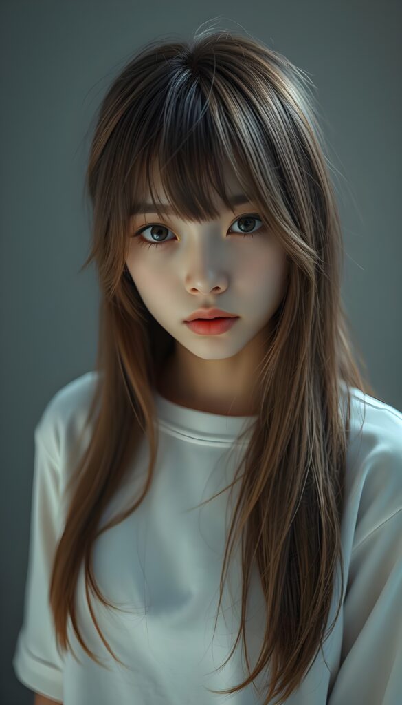 visualize a 3d picture: a (((detailed cute Japanese teen emo girl with long, soft brown straight open messy hair and light blond highlights, framing her face in side-swept bangs, brown eyes, exuding a sense of melancholy and loneliness, round face and full lips, ((wears only a plain white long t-shirt)) which perfectly shaped her body, against a (((simple, grey backdrop))). Seductive view.