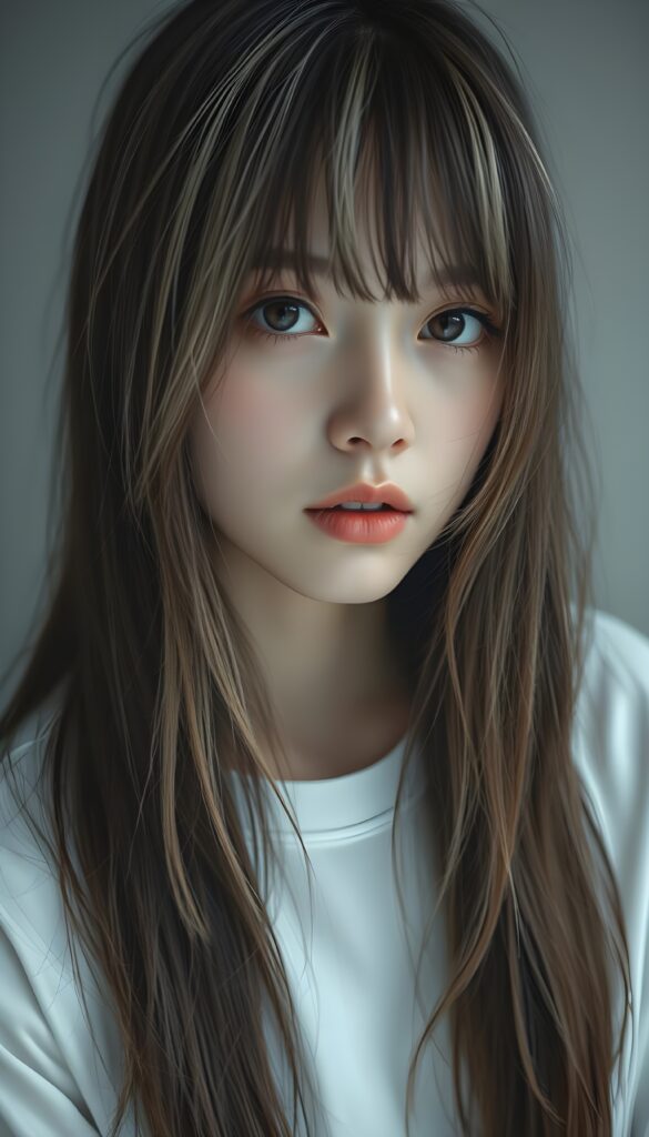 visualize a 3d picture: a (((detailed cute Japanese teen emo girl with long, soft brown straight open messy hair and light blond highlights, framing her face in side-swept bangs, brown eyes, exuding a sense of melancholy and loneliness, round face and full lips, ((wears only a plain white long t-shirt)) which perfectly shaped her body, against a (((simple, grey backdrop))). Seductive view.