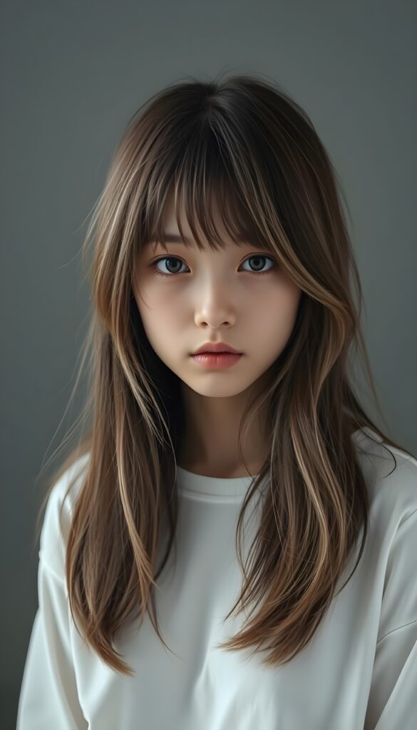 visualize a 3d picture: a (((detailed cute Japanese teen emo girl with long, soft brown straight open messy hair and light blond highlights, framing her face in side-swept bangs, brown eyes, exuding a sense of melancholy and loneliness, round face and full lips, ((wears only a plain white long t-shirt)) which perfectly shaped her body, against a (((simple, grey backdrop))). Seductive view.