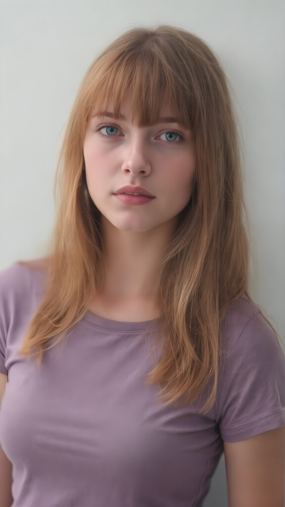 visualize a (((really detailed young teenage girl with long, soft straight red hair framing her face in classic bangs, her lips looking seductively, ((dressed in a plain violet t-shirt)) that accentuates every curve of her stunningly beautiful form, against a backdrop that suggests an ethereal mist