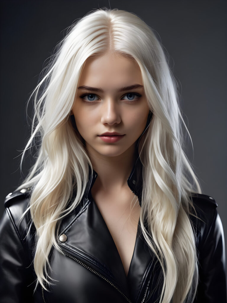 visualize a (((teen girl with flowing, white long soft hair and a perfectly curved figure))), dressed in a (((tight, black leather jacket))), combining mashup styles like (softly tinted gray and light bronze), with a soft focus technique that gives an (edgy yet soft look), pairing with (dark, crisp white and ink blue) for soft edges, creating an eye-catching overall aesthetic against a (subtle, grey backdrop)