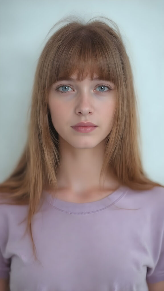 visualize a (((really detailed young teenage girl with long, soft straight red hair framing her face in classic bangs, her lips looking seductively, ((dressed in a plain violet t-shirt)) that accentuates every curve of her stunningly beautiful form, against a backdrop that suggests an ethereal mist