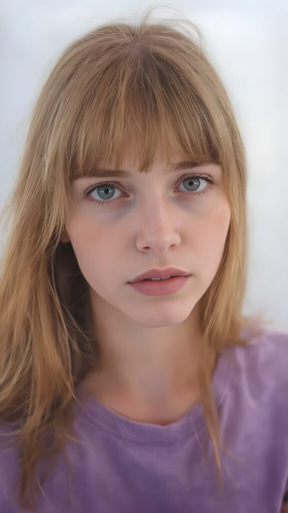 visualize a (((really detailed young teenage girl with long, soft straight red hair framing her face in classic bangs, her lips looking seductively, ((dressed in a plain violet t-shirt)) that accentuates every curve of her stunningly beautiful form, against a backdrop that suggests an ethereal mist