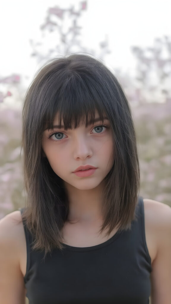 (((visualize a 3d picture))) of a (((cute teen girl))) with a ((((shoulder-length soft obsidian black straight hair)))), which perfectly styled and framed her face in (((side-swept bangs))), and ((piercing eyes)), accompanied by a sleek (((cropped tank top))). The scene is cropped from a (full-body view) to a (close-up of the girl), emphasizing her intricate details and expressing a sense of empathy and loneliness in the (((natural spring backdrop)))