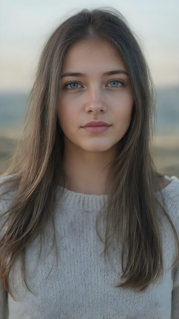 visualize a (((vividly beautiful scene))) where a (((cute tanned teen girl with super long straight jet brown hair))), wears a soft fine sweater made of wool, against a backdrop of a serene, (ethereal landscape)